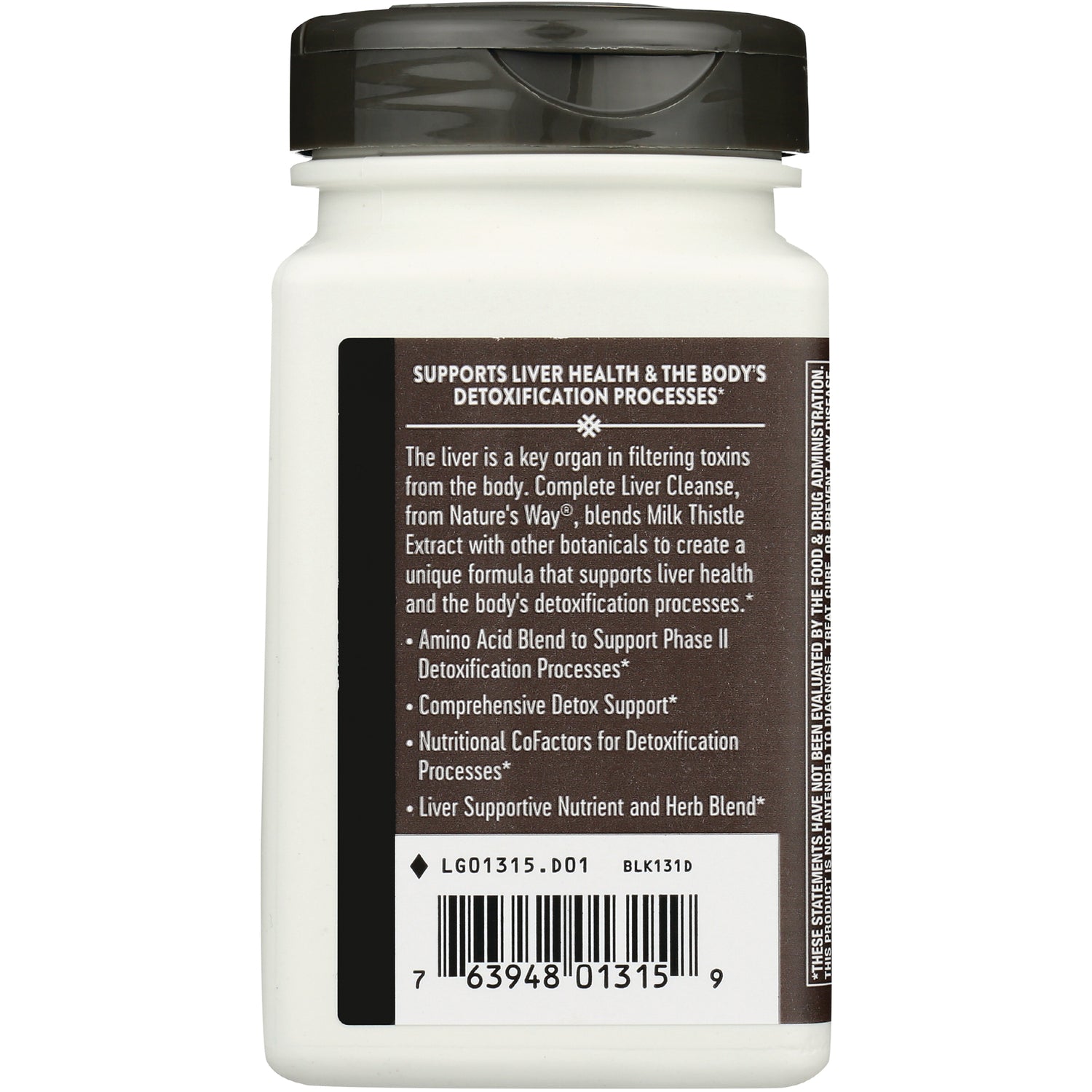 ET335 | back label of white supplement bottle showing liver health claims, bullet-point features and barcode