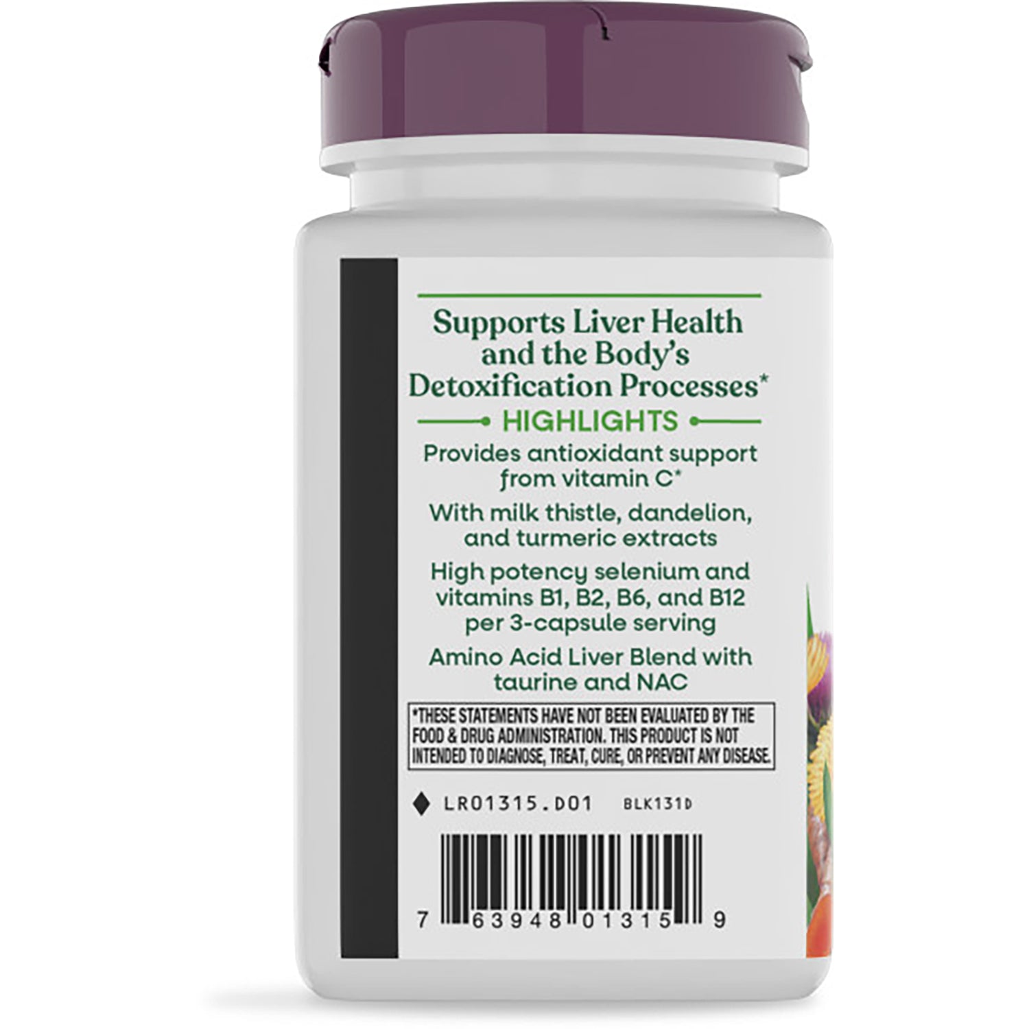 ET335 | back label of white supplement bottle showing liver health claims, bullet-point features and barcode