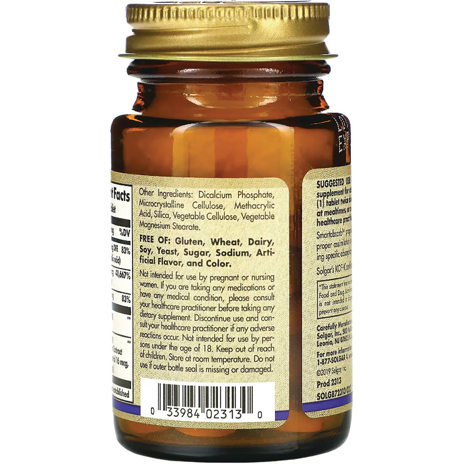 SLG350 | Back label of amber supplement bottle showing ingredients, allergen free statement and barcode