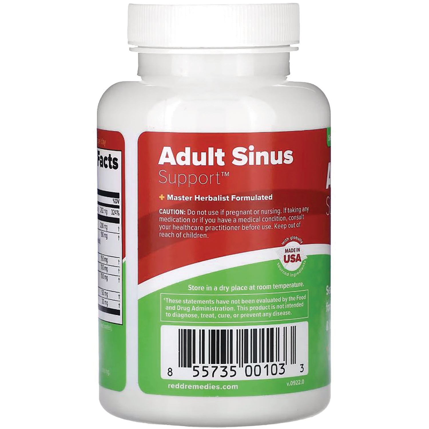 RED001 | Back of Adult Sinus Support bottle showing caution text, barcode and supplement facts panel