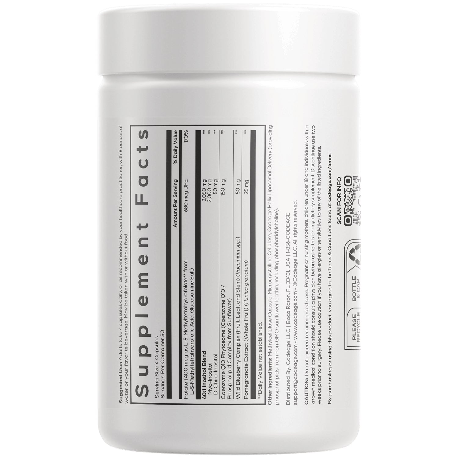 CDG045 | Back label of white supplement bottle showing Supplement Facts panel and ingredient text