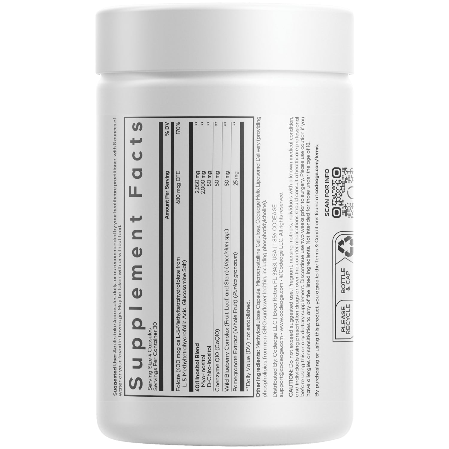 CDG045 | Back label of white supplement bottle showing Supplement Facts panel and ingredient text