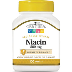 CNT272 | 21st Century Niacin 500 mg prolonged release vitamin supplement bottle with yellow cap, 100 tablets