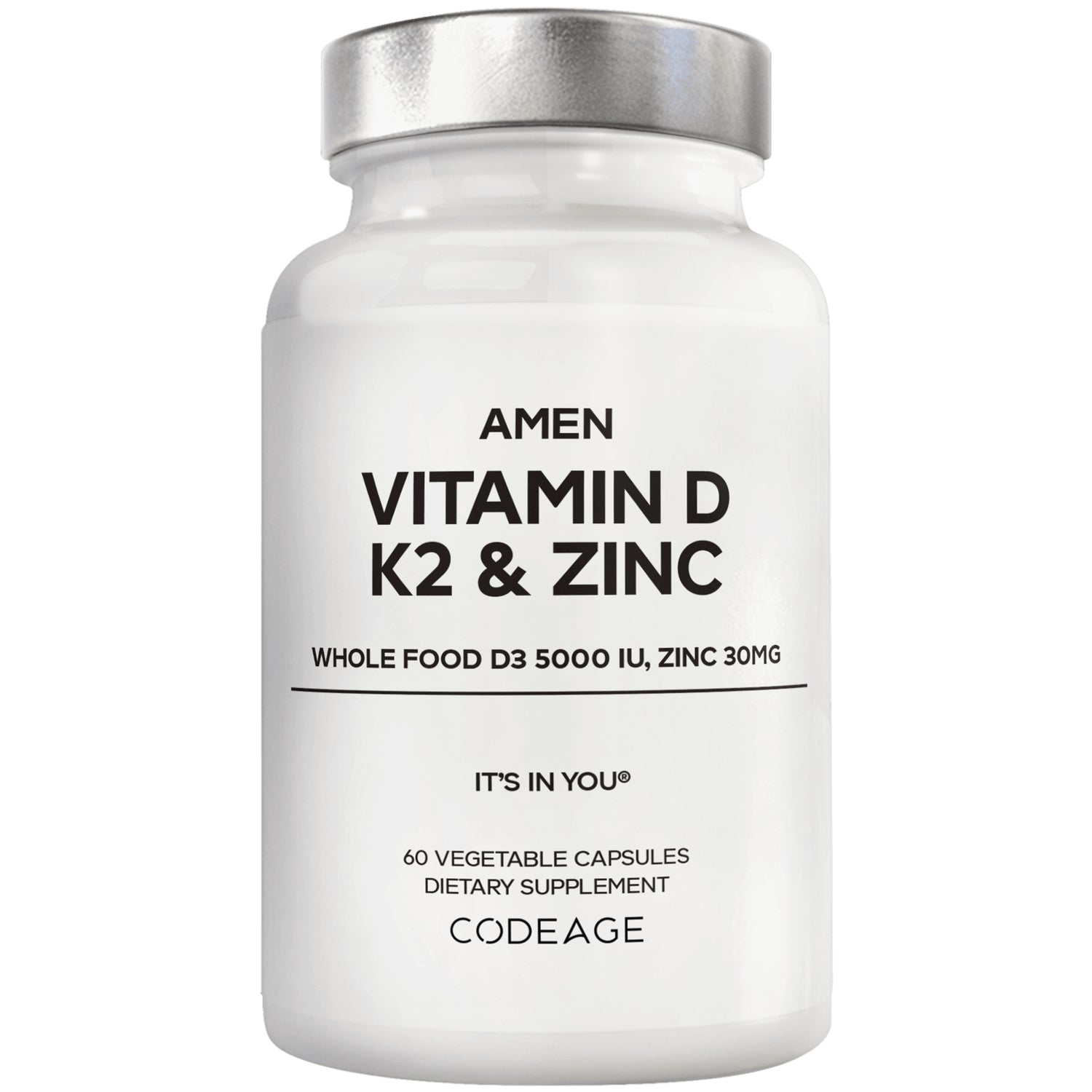 CDG048 | white supplement bottle labeled AMEN VITAMIN D K2 & ZINC, 60 vegetable capsules, CODEAGE