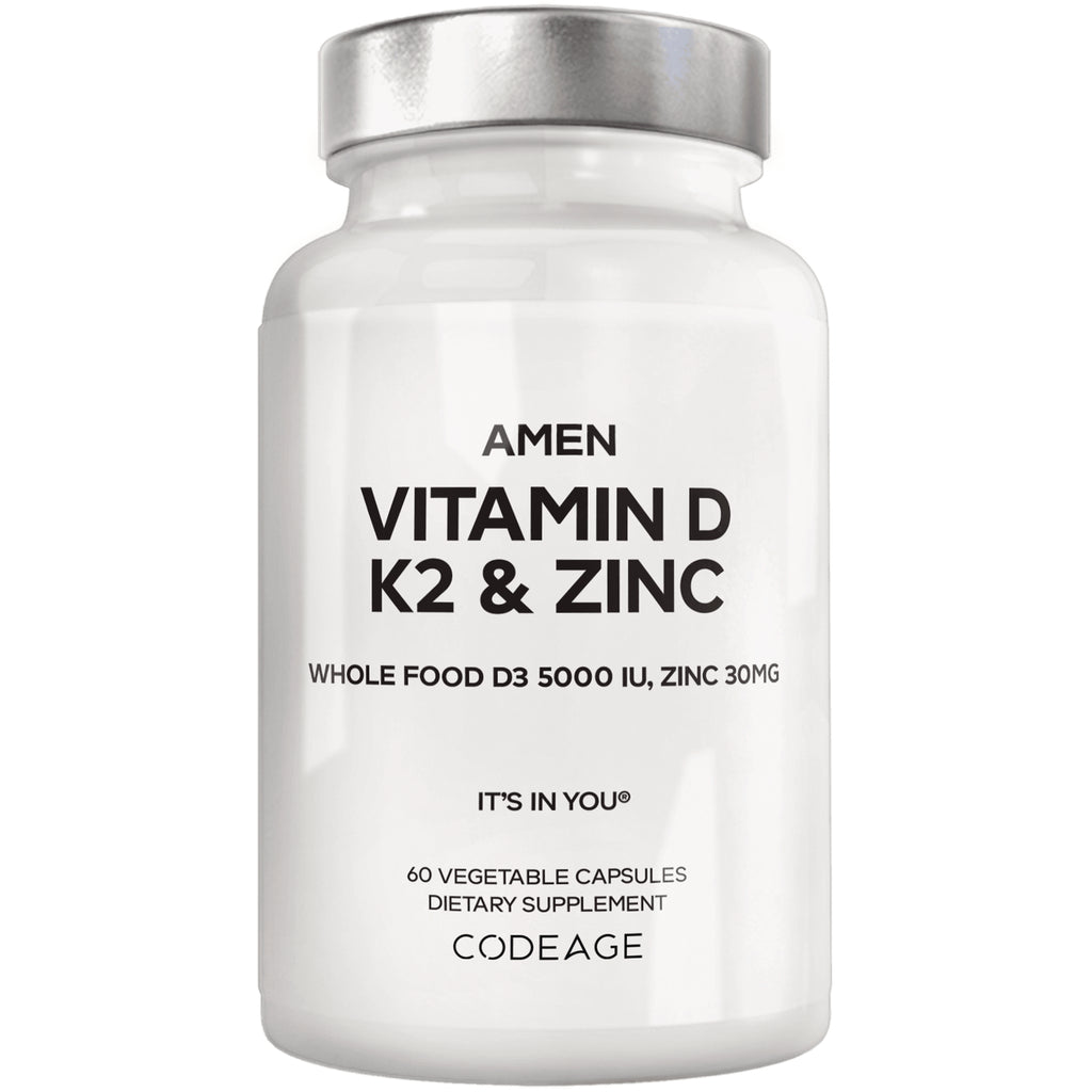 CDG048 | white supplement bottle labeled AMEN VITAMIN D K2 & ZINC, 60 vegetable capsules, CODEAGE - Thumbnail