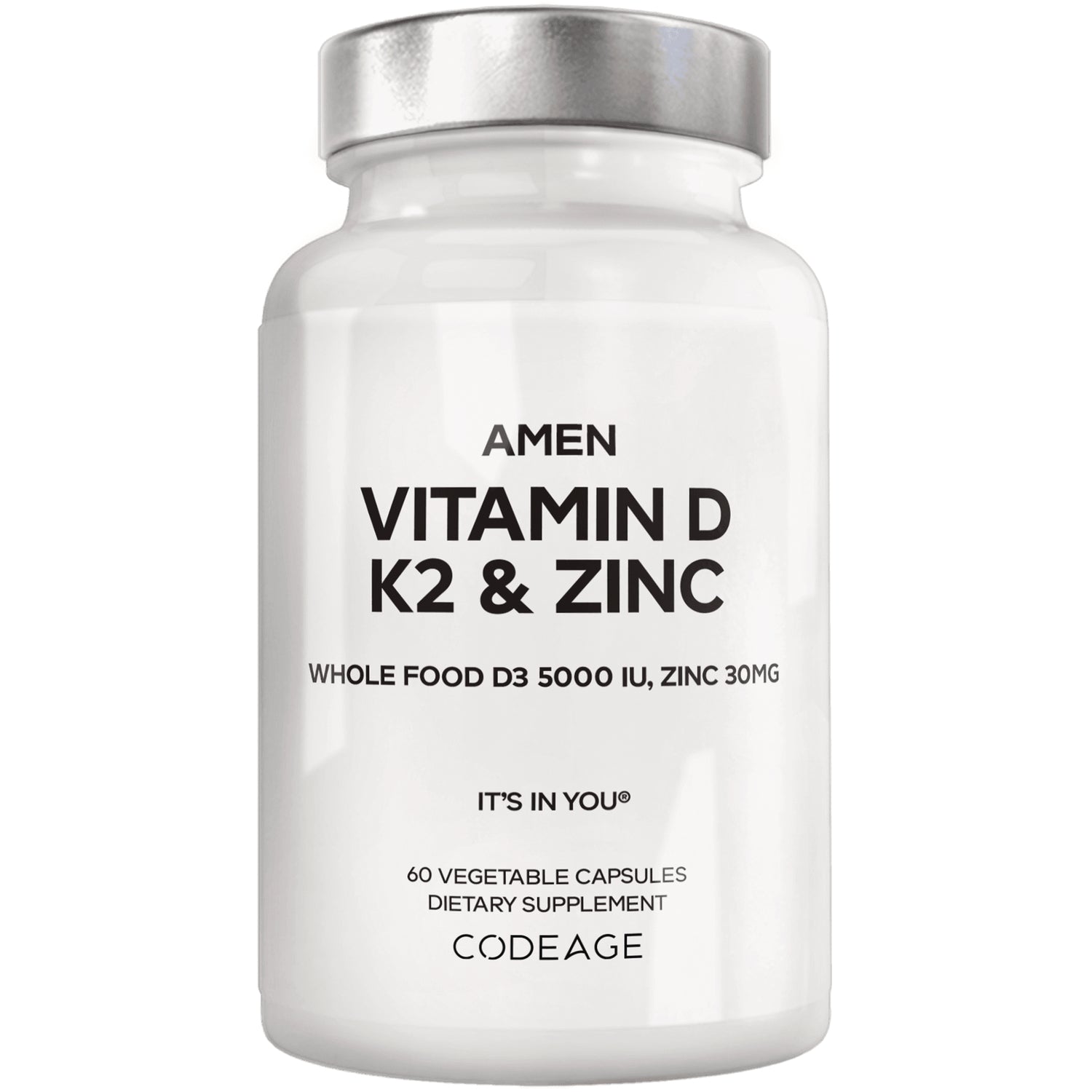 CDG048 | white supplement bottle labeled AMEN VITAMIN D K2 & ZINC, 60 vegetable capsules, CODEAGE