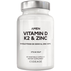 CDG048 | white supplement bottle labeled AMEN VITAMIN D K2 & ZINC, 60 vegetable capsules, CODEAGE