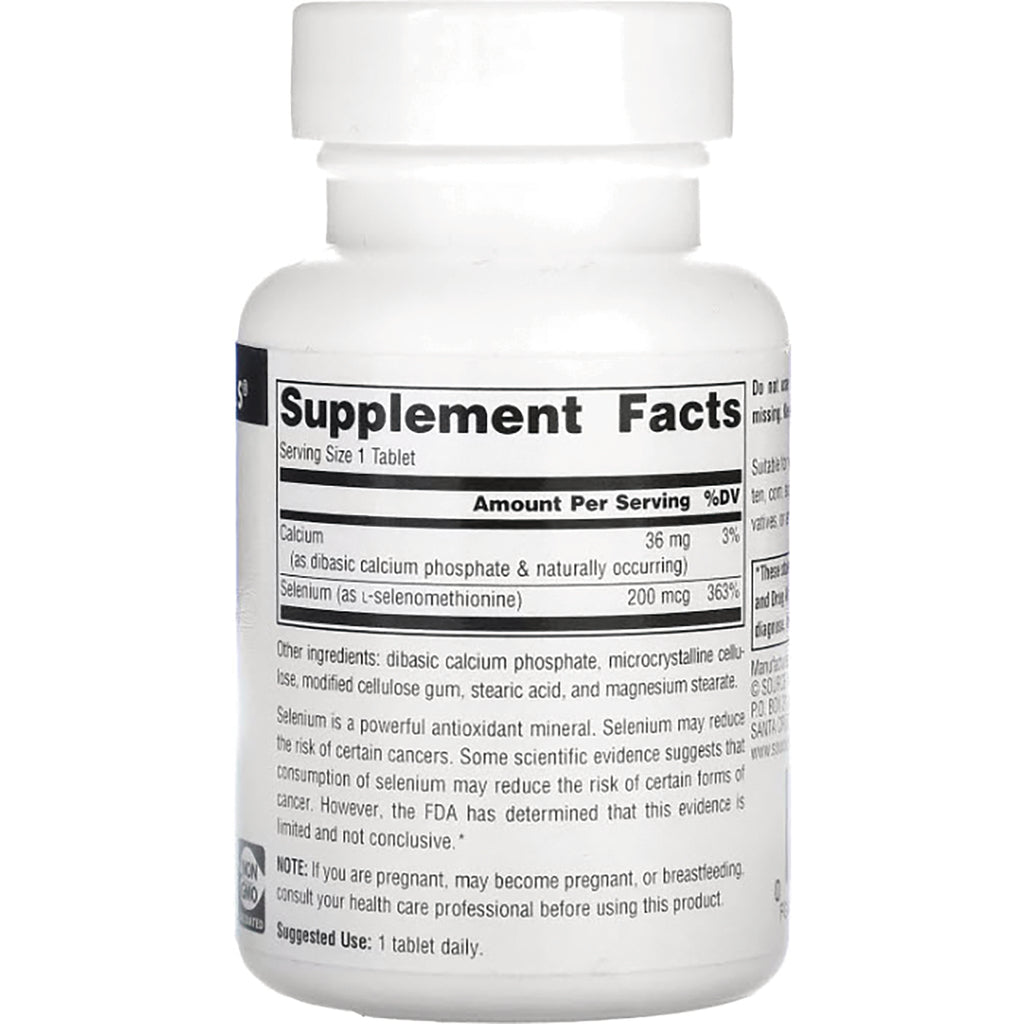 SN707 | Back label showing Supplement Facts panel, serving size 1 tablet, calcium 36 mg and selenium 200 mcg - Thumbnail