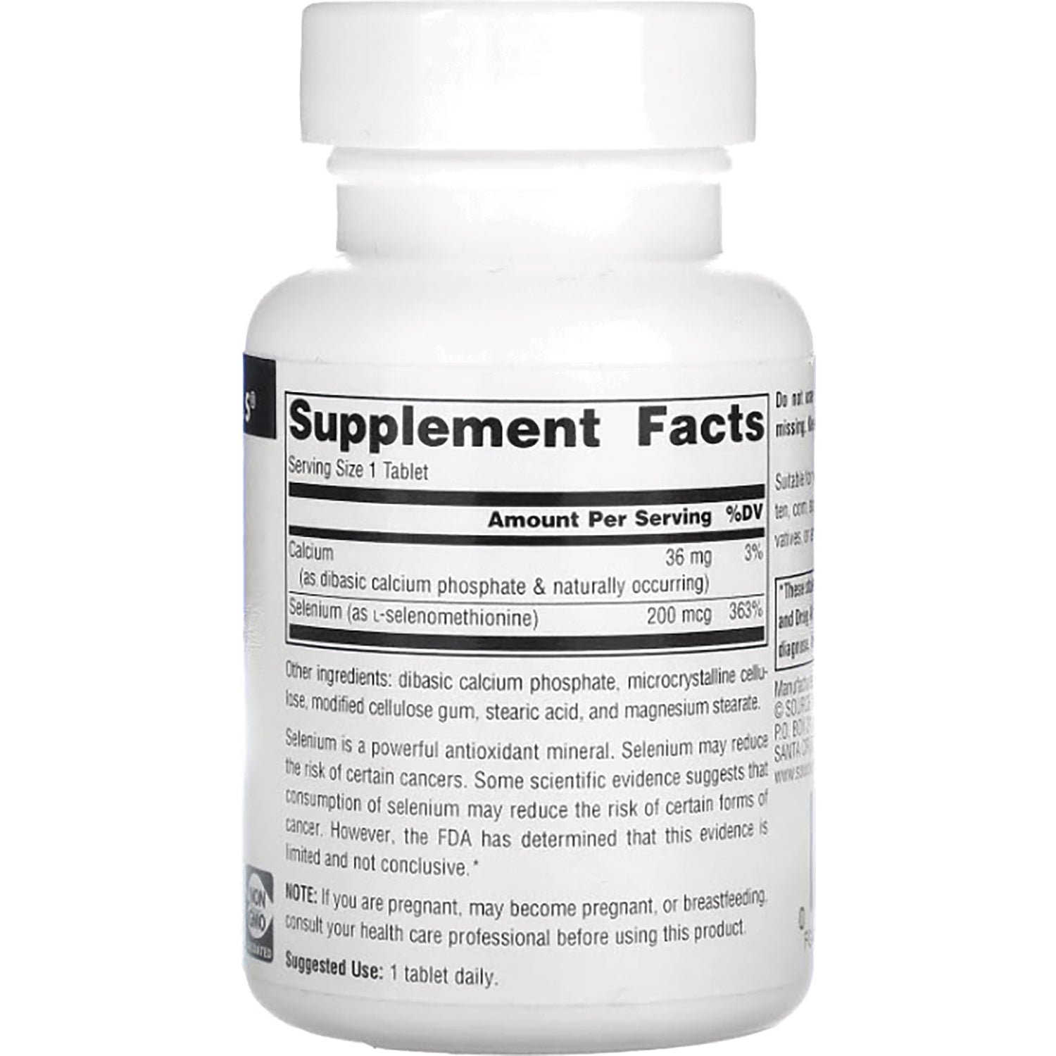 SN707 | Back label showing Supplement Facts panel, serving size 1 tablet, calcium 36 mg and selenium 200 mcg