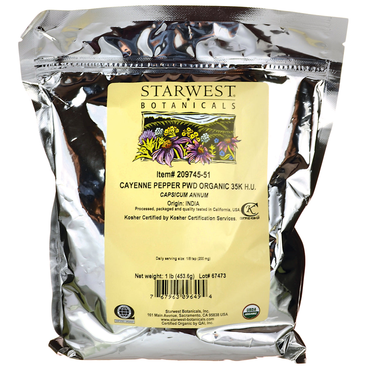 STB009 | Starwest Botanicals Cayenne Pepper Powder Organic 35K H.U., 1 lb bag front