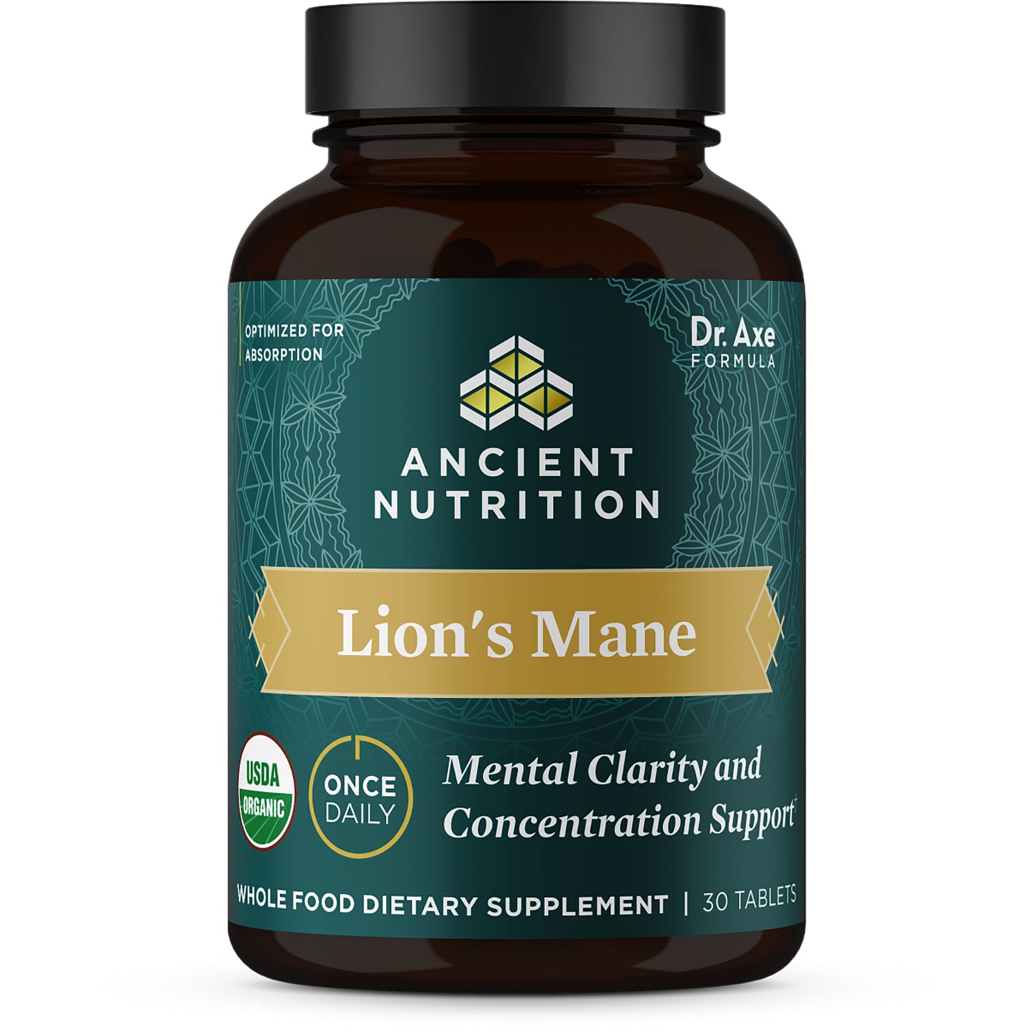 ATN072 | Ancient Nutrition Lion's Mane supplement bottle, label reading Mental Clarity and Concentration Support, 30 tablets