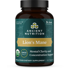 ATN072 | Ancient Nutrition Lion's Mane supplement bottle, label reading Mental Clarity and Concentration Support, 30 tablets