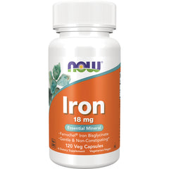 NWF758 | NOW Iron 18 mg bottle with 120 veg capsules front label