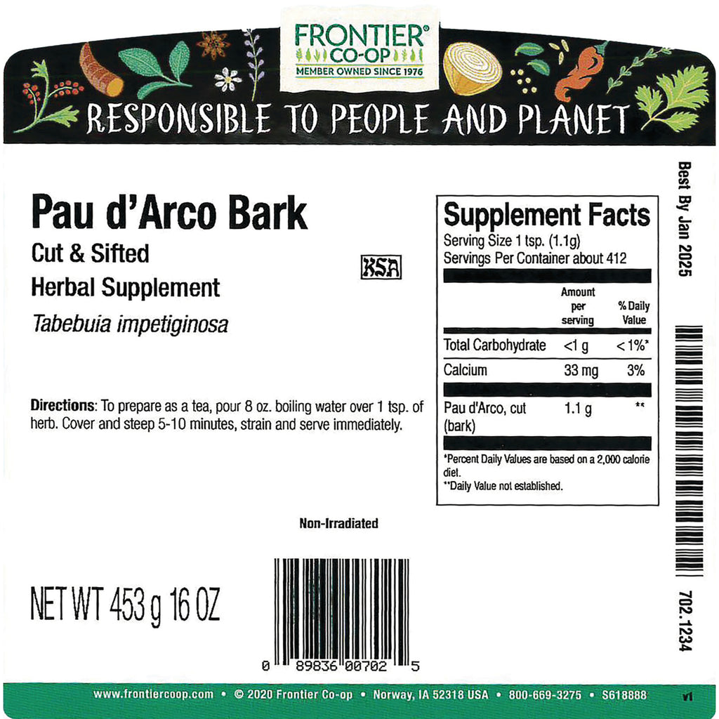 FNP279 | Back label of Pau d'Arco Bark herbal supplement showing supplement facts, directions, net weight and barcode - Thumbnail