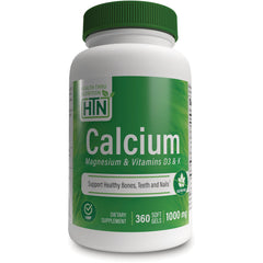 HTN010 | White bottle with green label reading Calcium Magnesium & Vitamins D3 & K, 360 softgels 1000 mg