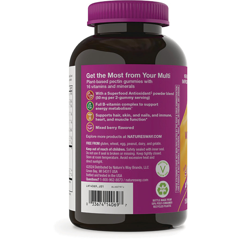 NW1035 | Back label of purple supplement bottle showing benefits text, ingredients panel, barcode, and recycling symbol - Thumbnail