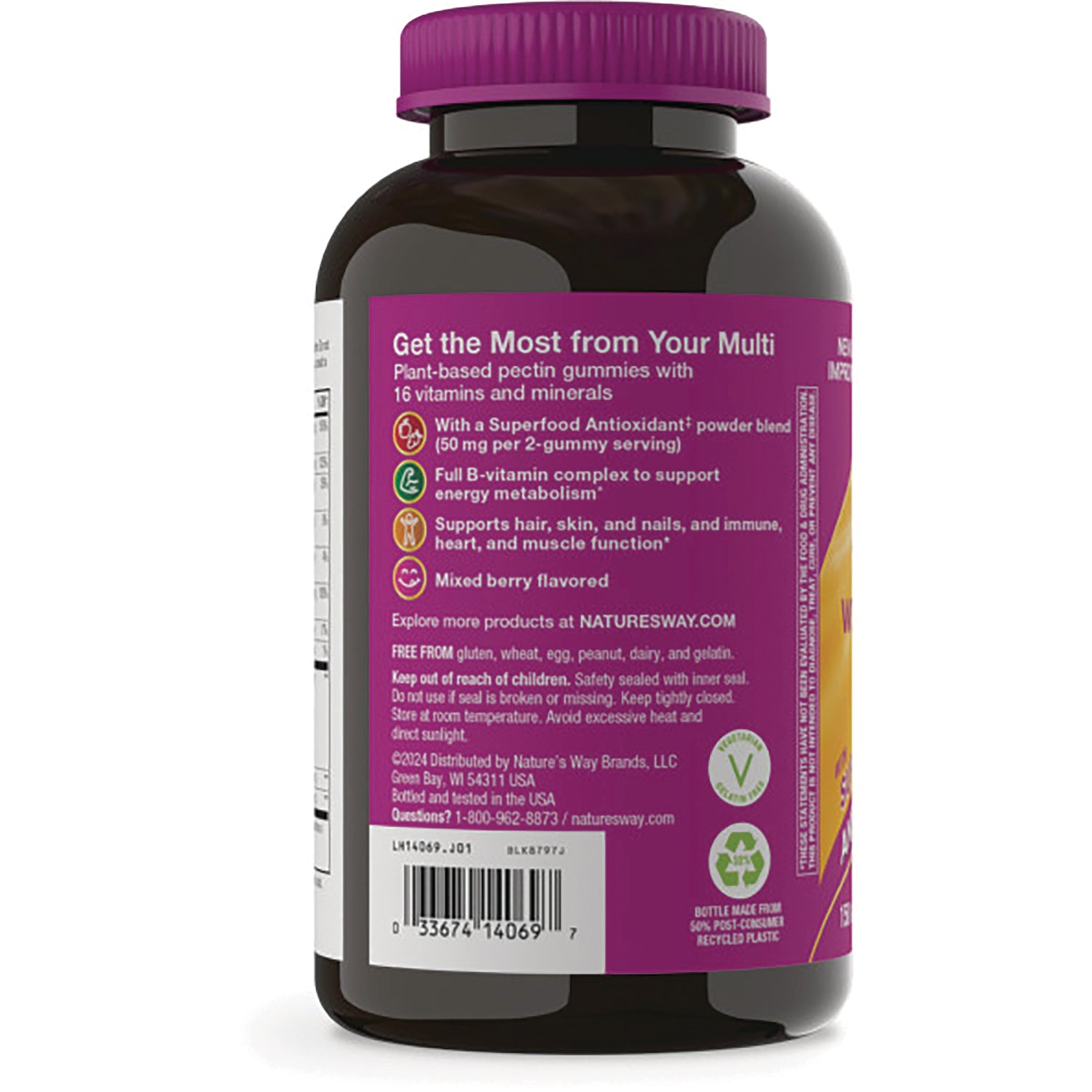 NW1035 | Back label of purple supplement bottle showing benefits text, ingredients panel, barcode, and recycling symbol