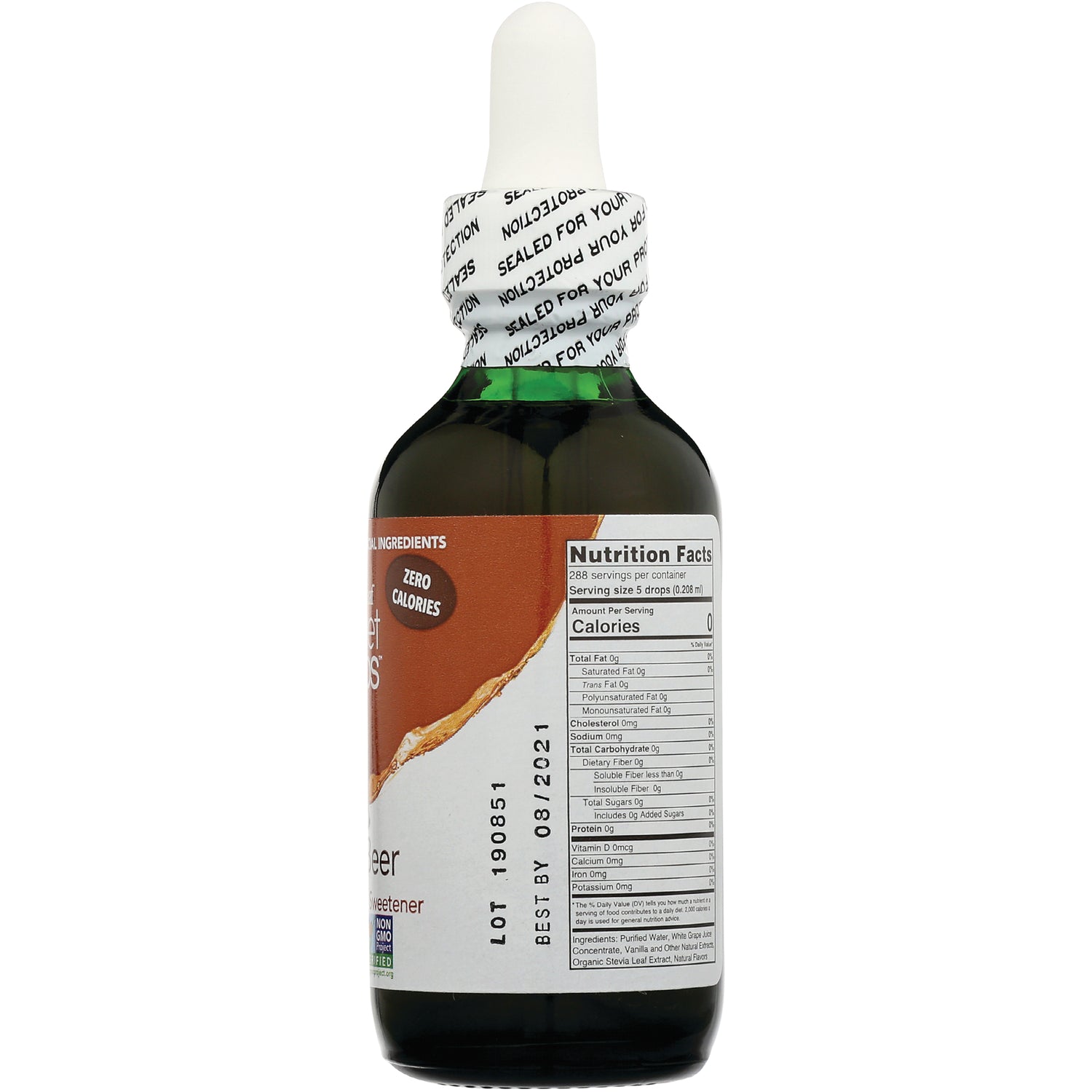 WA037 | Back of dropper bottle showing Nutrition Facts panel and Zero Calories callout