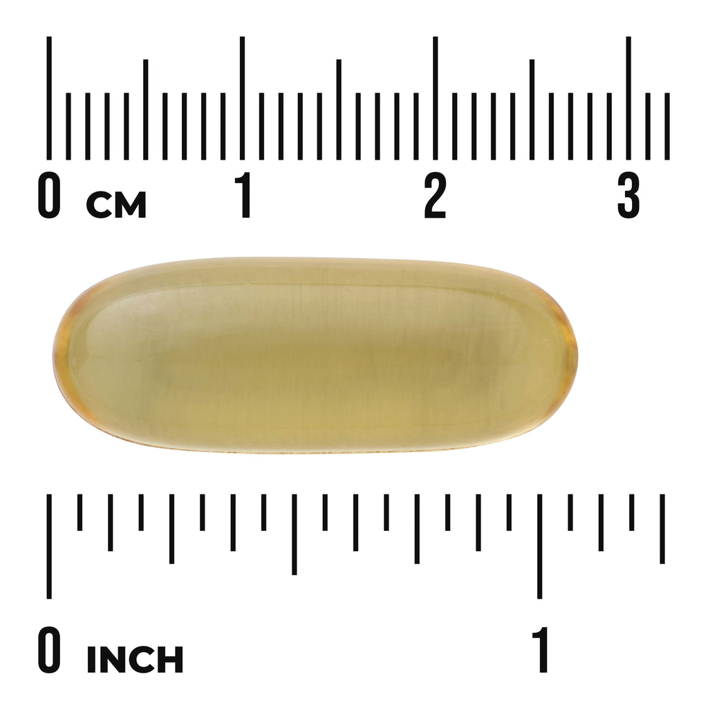 SWE077 | Yellow translucent softgel capsule centered between centimeter and inch rulers with "0 CM" and "0 INCH" markings - Thumbnail