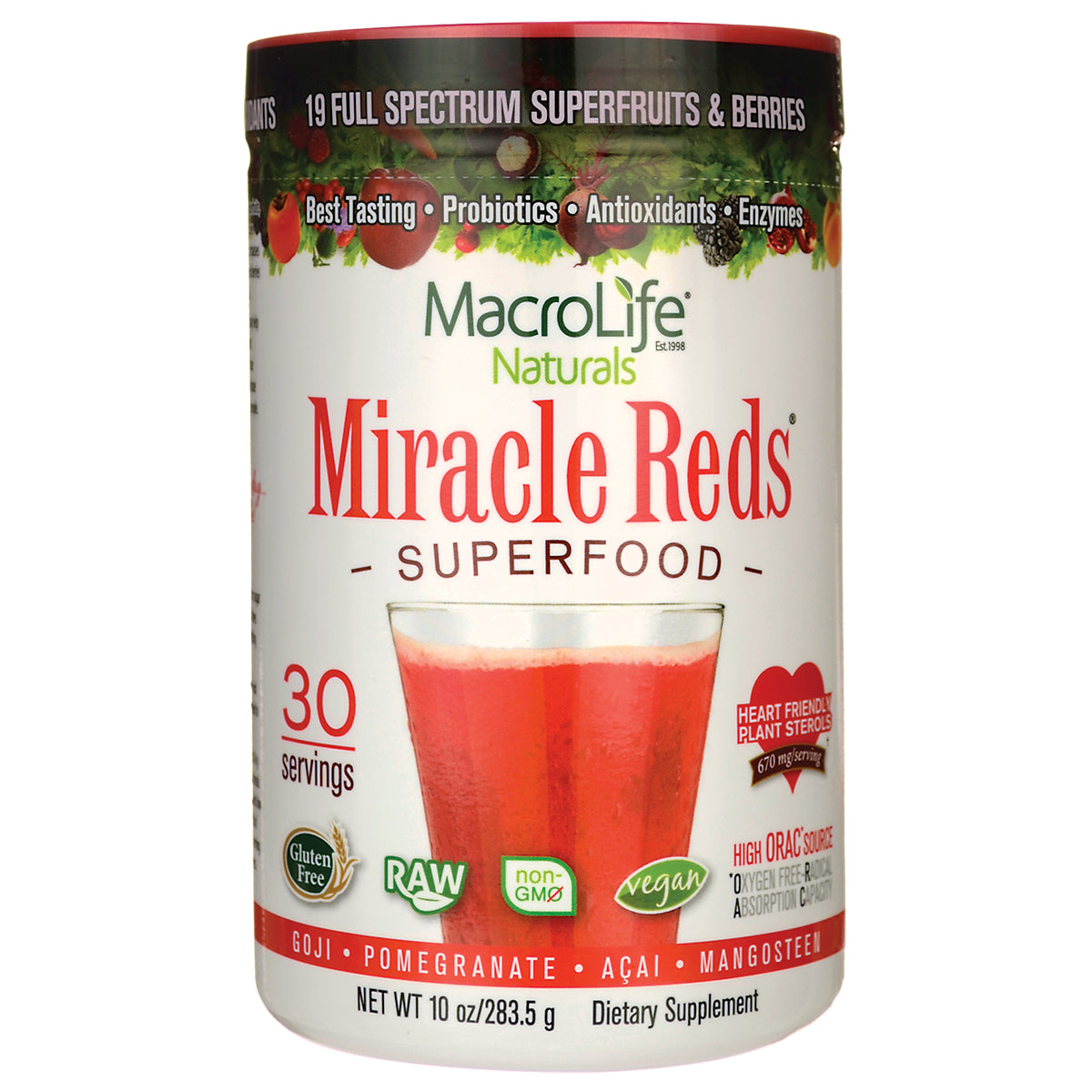MCL003 | MacroLife Naturals Miracle Reds superfood canister showing a glass of red drink, 30 servings, vegan and non-GMO