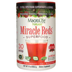MCL003 | MacroLife Naturals Miracle Reds superfood canister showing a glass of red drink, 30 servings, vegan and non-GMO