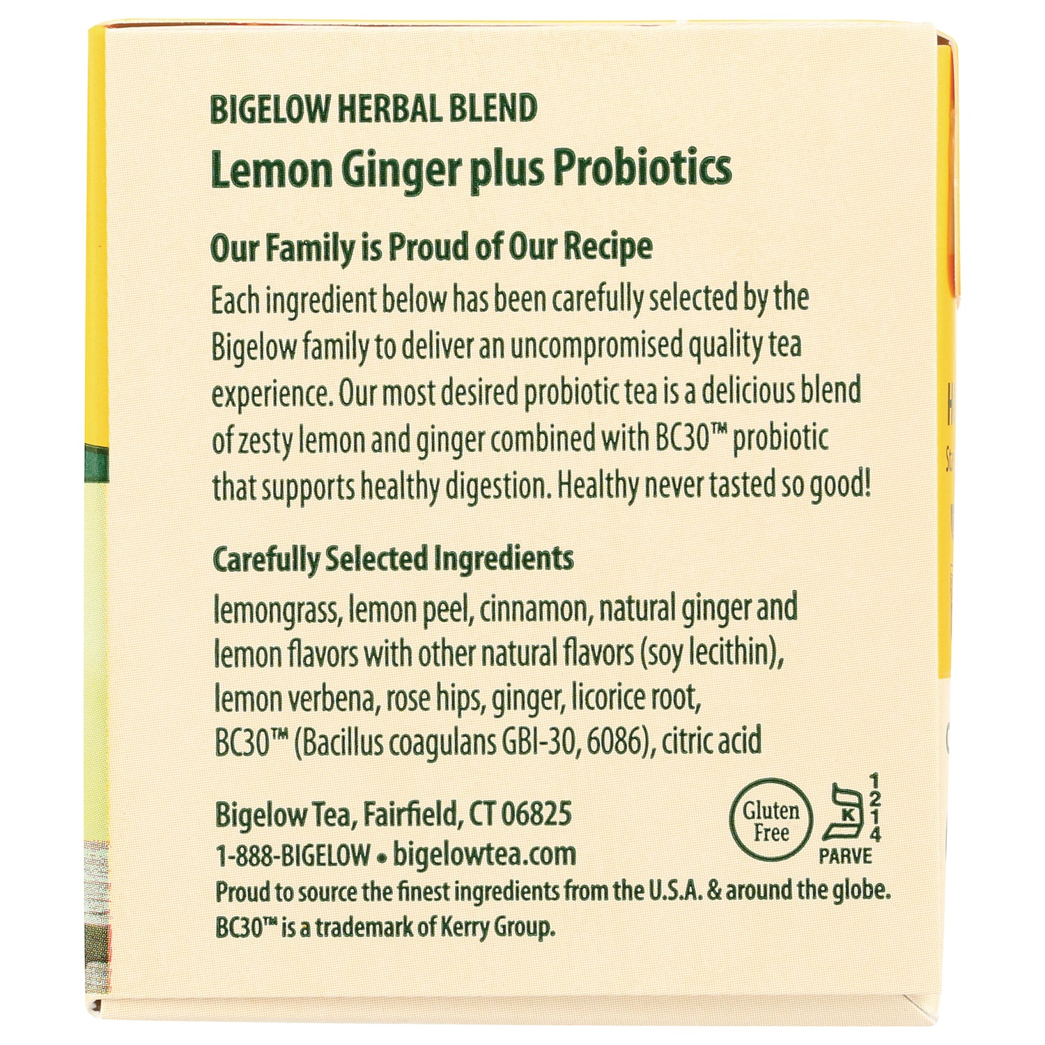 BGT008 | Back panel of Bigelow Lemon Ginger plus Probiotics tea box showing ingredients, BC30 probiotic note, contact info and gluten free symbol