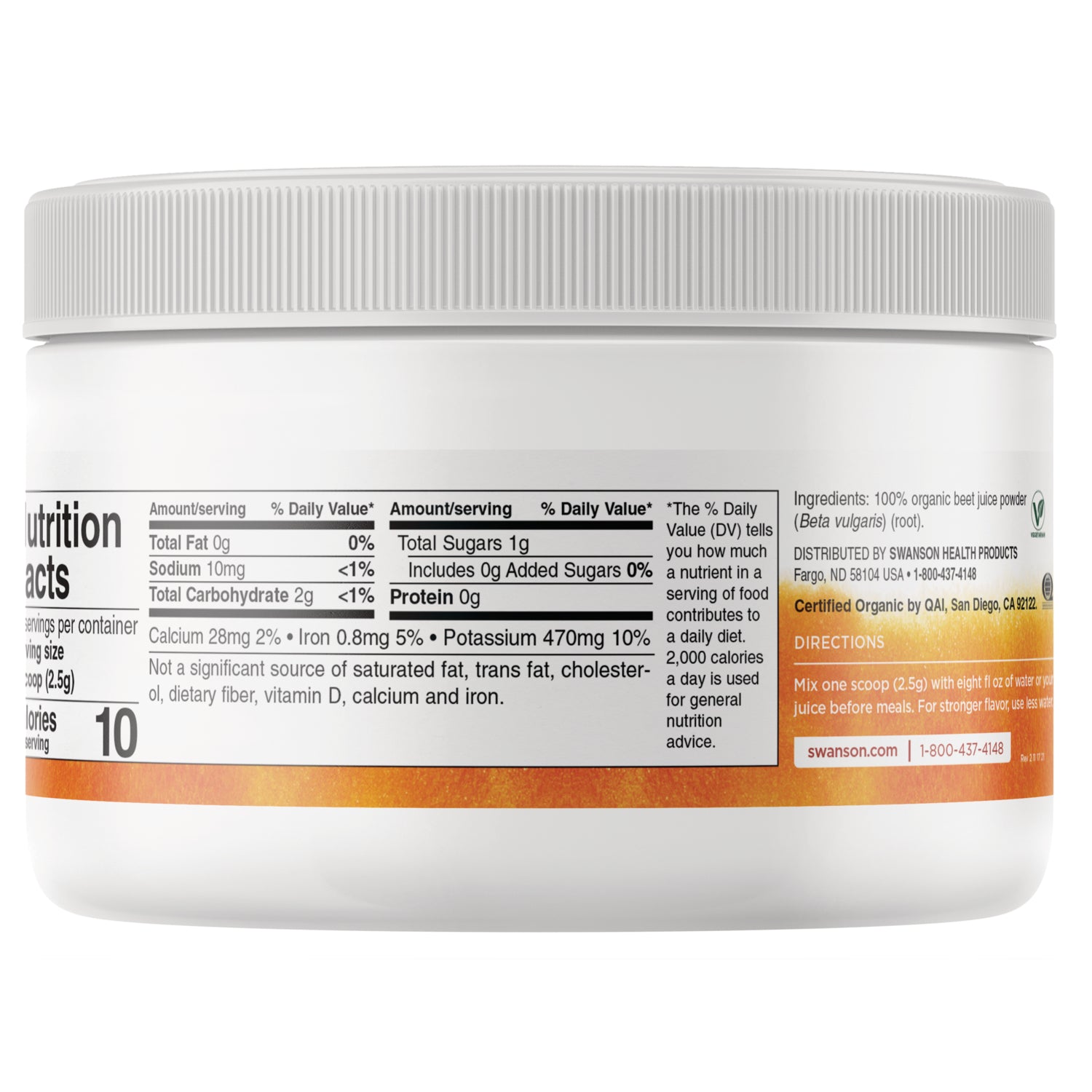 SWF124 | Back of beet juice powder jar showing Nutrition Facts, ingredients, and directions
