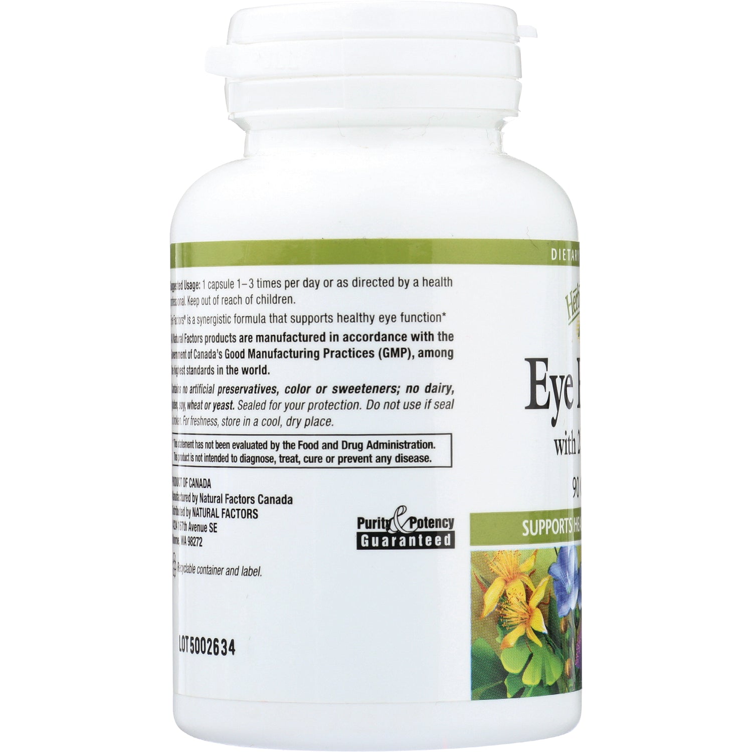 NFC131 | back label of white supplement bottle showing ingredient text, Purity & Potency Guaranteed logo and floral graphic