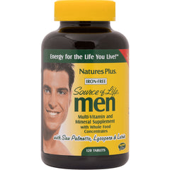 NTP187 | Natures Plus Source of Life Men multivitamin bottle, yellow label, 120 tablets, iron-free