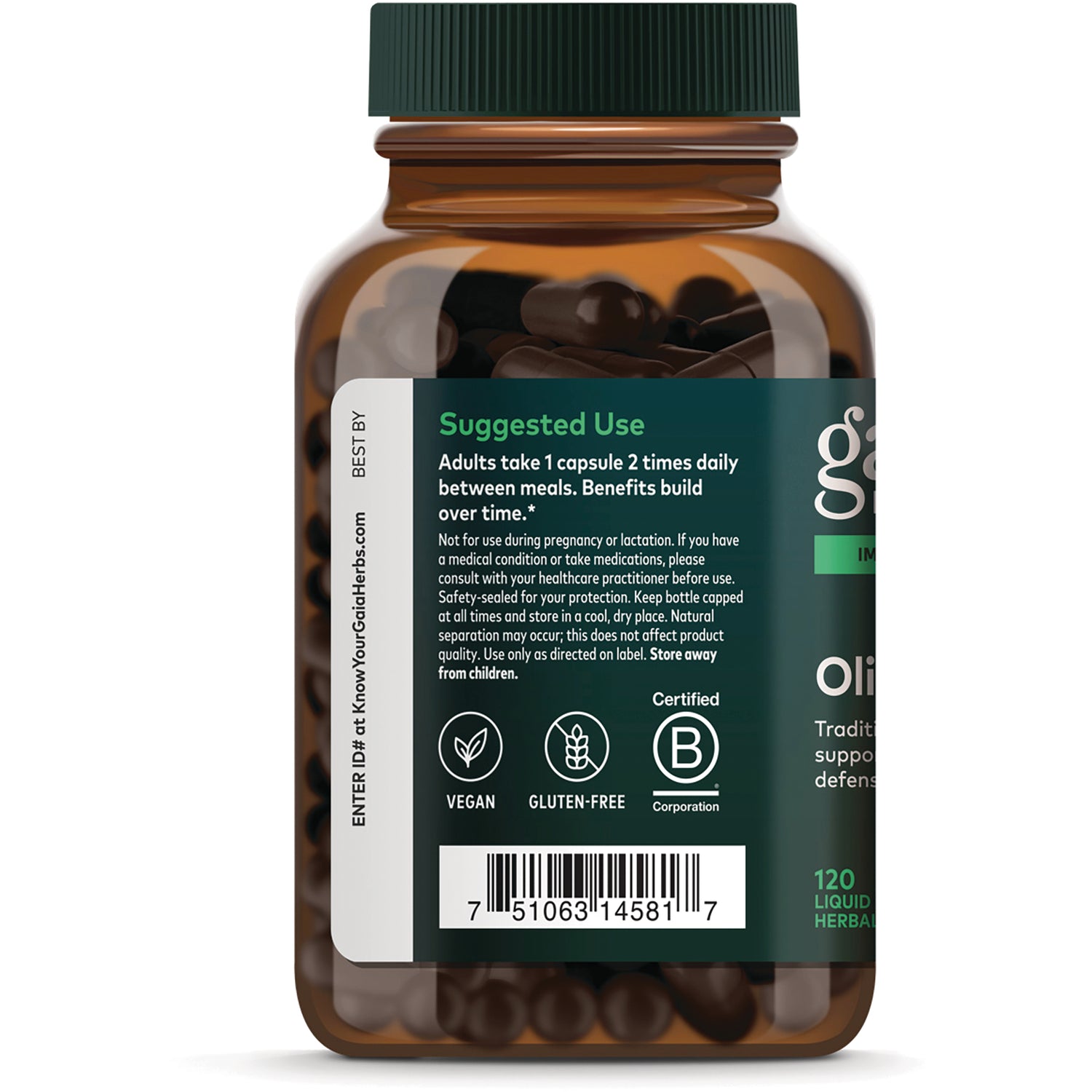 GH071 | Back label with Supplement Facts: serving size 1 capsule; Olive leaf extract 680 mg, Oleuropein 50 mg
