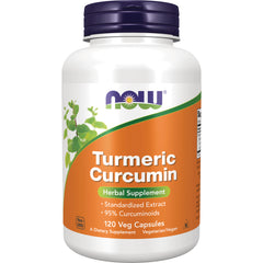 NWF122 | NOW Turmeric Curcumin herbal supplement bottle with orange label, 120 veg capsules