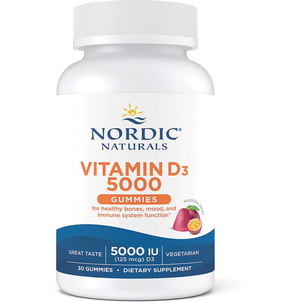 NRN125 | Nordic Naturals Vitamin D3 5000 IU gummies bottle, passion fruit flavor, 30-count supplement - Thumbnail