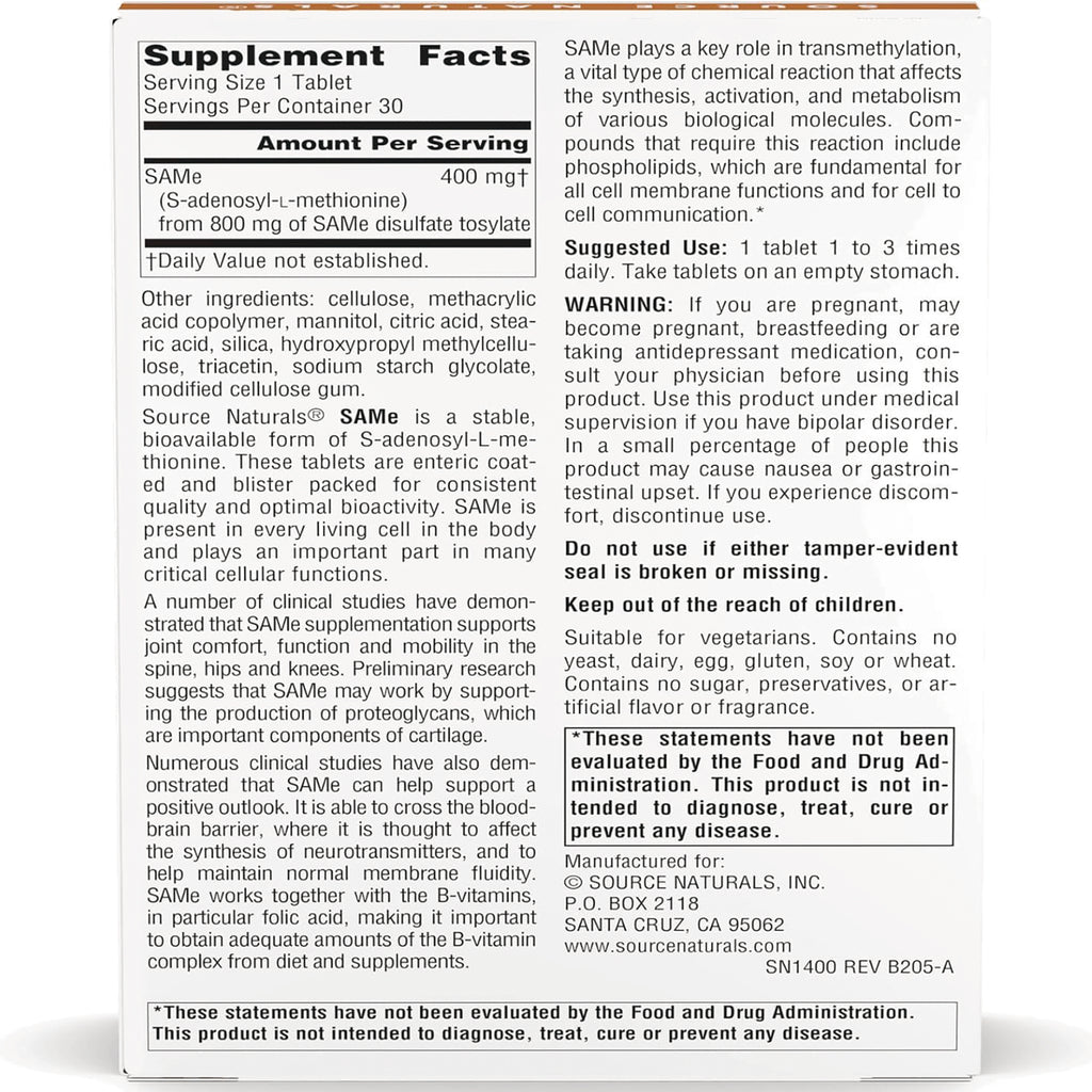 SN136 | back label with Supplement Facts for SAMe 400 mg, ingredient list and warnings - Thumbnail