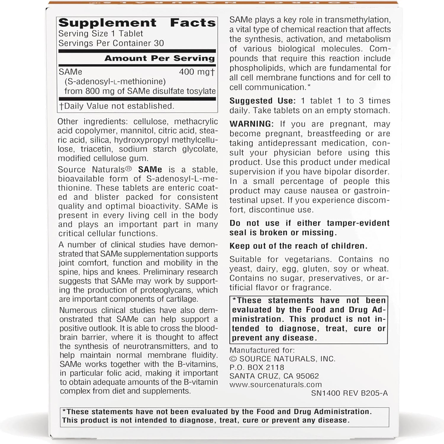 SN136 | back label with Supplement Facts for SAMe 400 mg, ingredient list and warnings