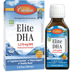 CSN263 | Carlson Elite DHA liquid dietary supplement bottle and box, 2,270 mg DHA, natural orange flavor, 3.3 fl oz
