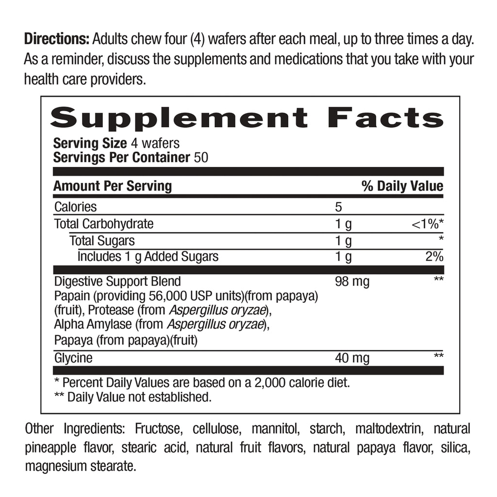 CRL644 | supplement facts panel showing serving size 4 wafers, Digestive Support Blend 98 mg, glycine 40 mg, and other ingredients - Thumbnail