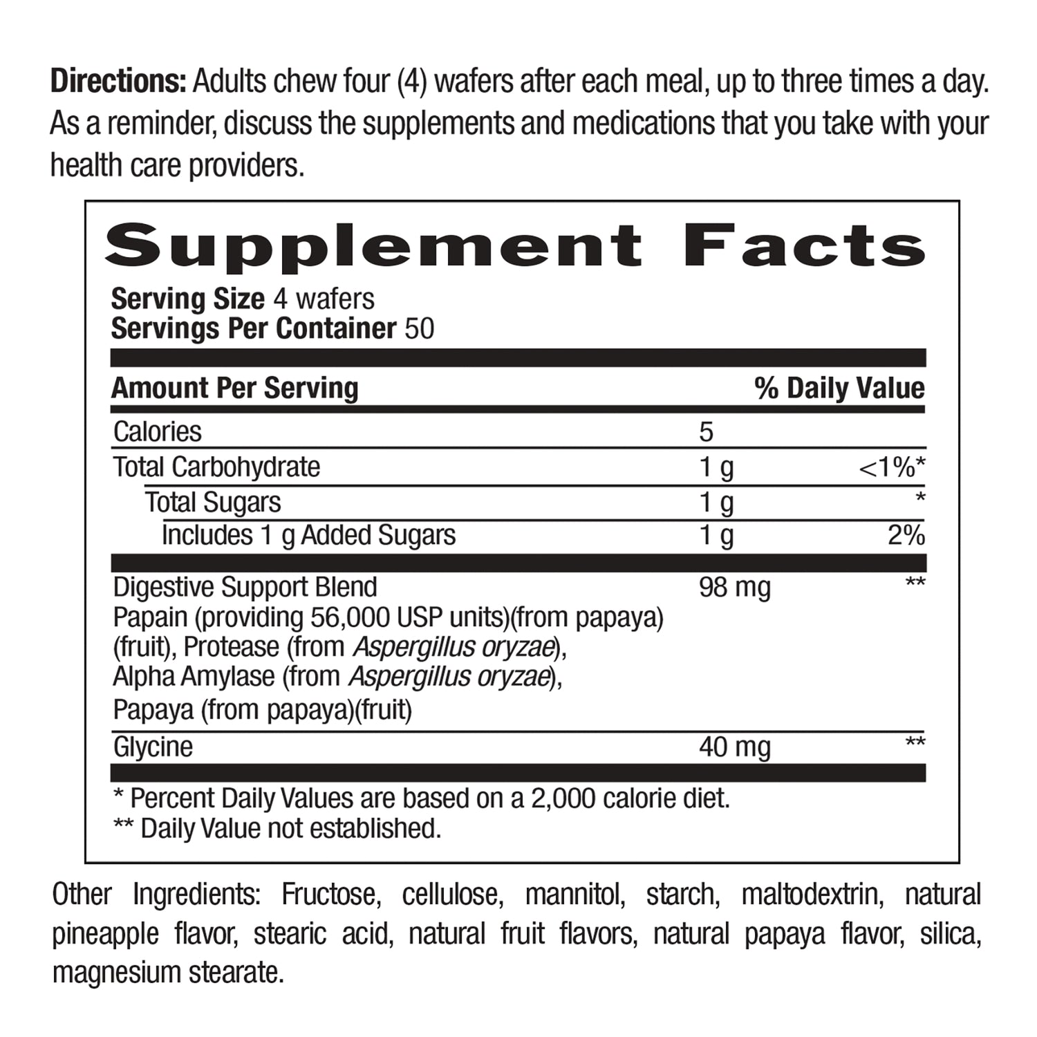 CRL644 | supplement facts panel showing serving size 4 wafers, Digestive Support Blend 98 mg, glycine 40 mg, and other ingredients