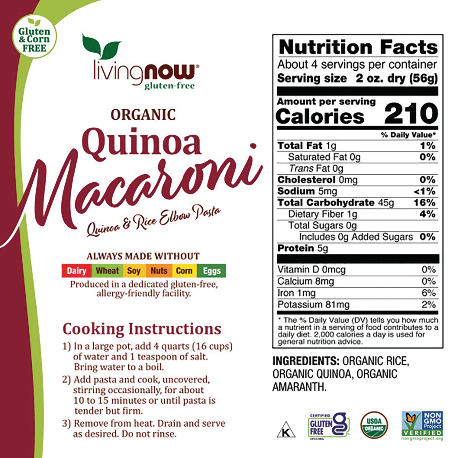 NWF1270 | Back label showing Nutrition Facts panel, ingredients, cooking instructions, and gluten-free certification
