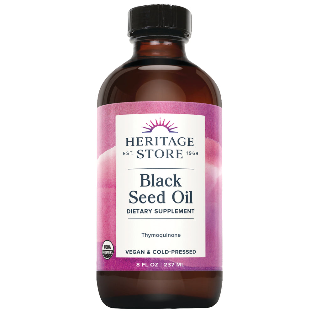 HTG107 | Heritage Store Black Seed Oil dietary supplement 8 fl oz amber bottle with pink label - Thumbnail