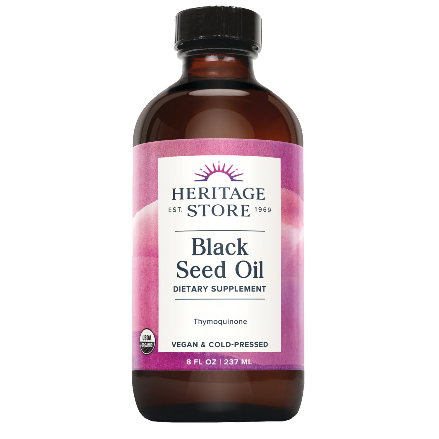 HTG107 | Heritage Store Black Seed Oil dietary supplement 8 fl oz amber bottle with pink label