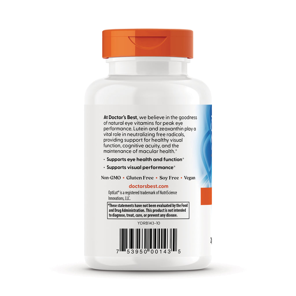 DB187 | Back of white supplement bottle showing label text about eye support, doctorsbest.com and barcode - Thumbnail