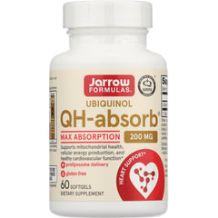JR224 | Jarrow Formulas Ubiquinol QH-absorb 200 mg bottle front label showing MAX ABSORPTION and 60 softgels
