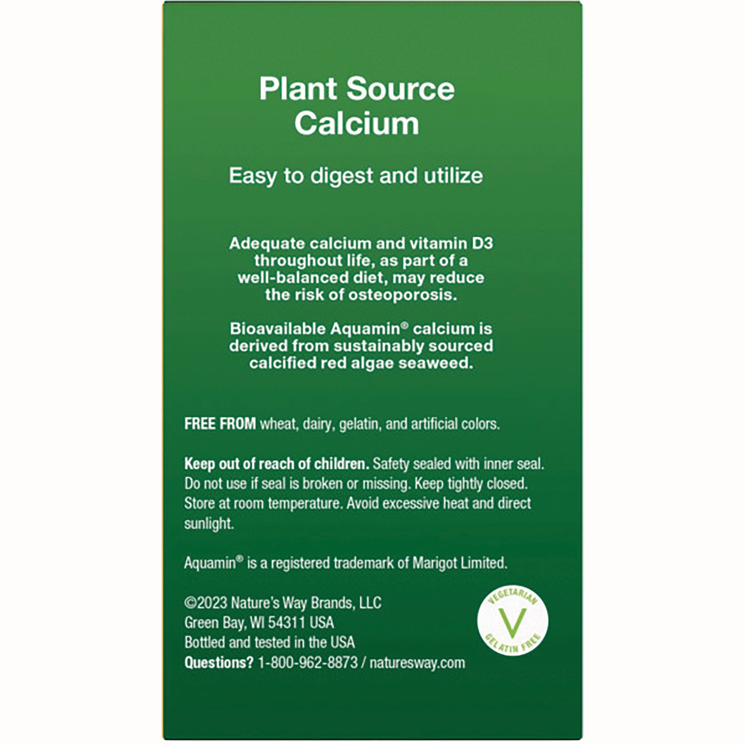 NW816 | green product infographic for Plant Source Calcium showing benefits, free-from claims, and contact information