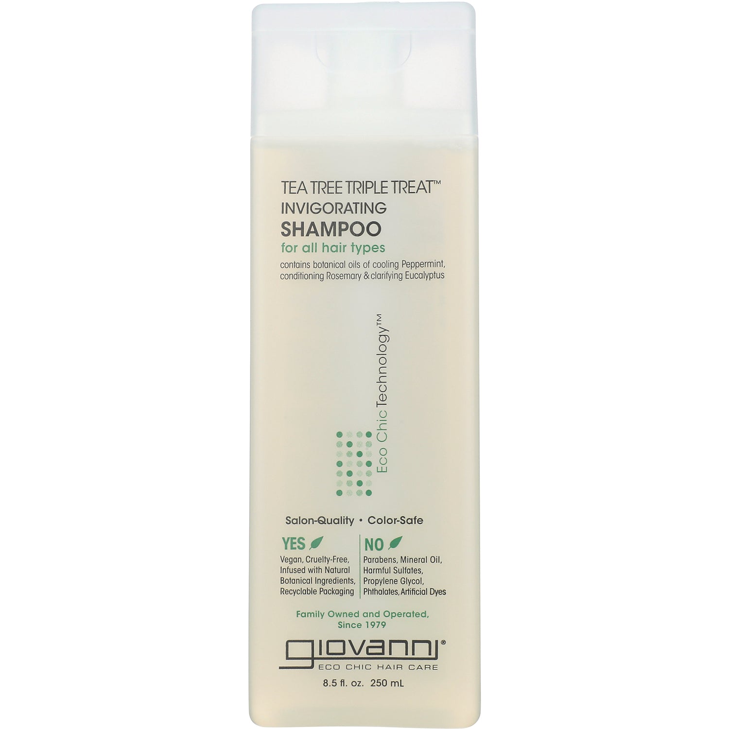 GV038 | frontal view of Giovanni Tea Tree Triple Treat Invigorating Shampoo bottle labeled for all hair types, 8.5 fl oz
