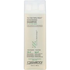 GV038 | frontal view of Giovanni Tea Tree Triple Treat Invigorating Shampoo bottle labeled for all hair types, 8.5 fl oz