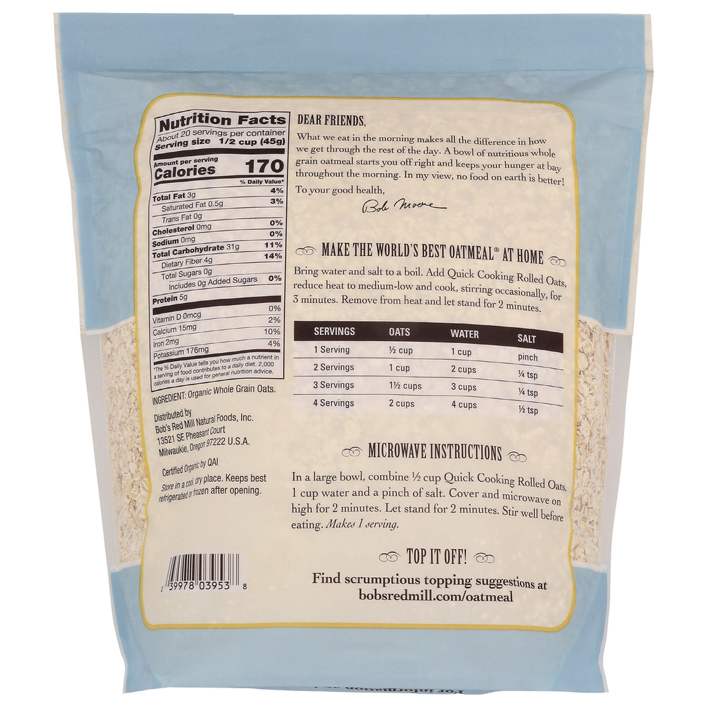 BOB325 | back of oatmeal pouch showing nutrition facts panel, servings chart, microwave instructions, and barcode - Thumbnail