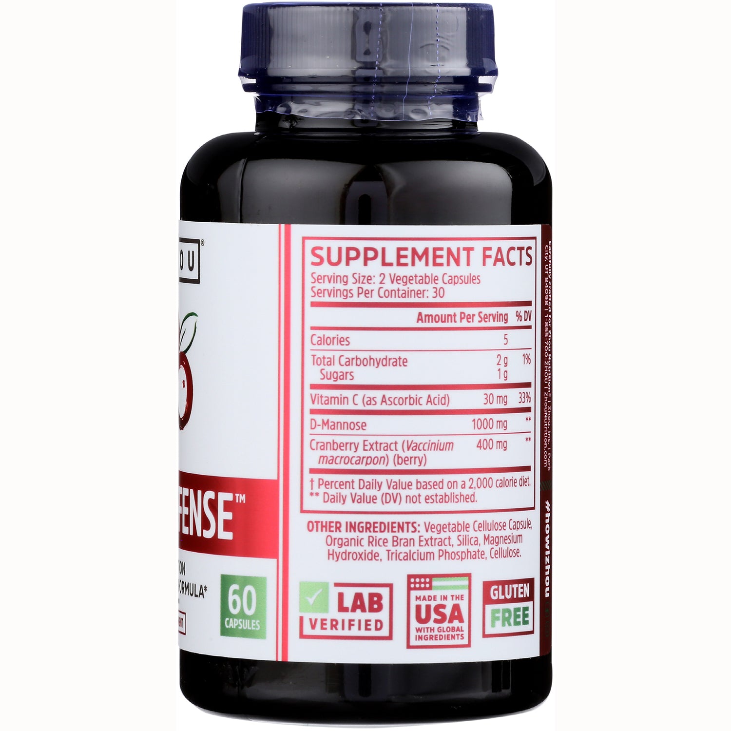 ZOU012 | Supplement Facts panel on bottle; 60 capsules; Lab Verified, Made in USA, Gluten Free
