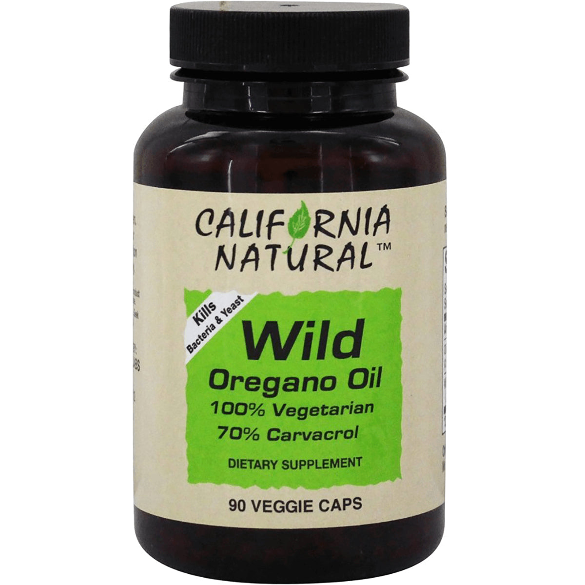 CNA007 | California Natural Wild Oregano Oil supplement bottle labeled 90 veggie caps and 70% carvacrol