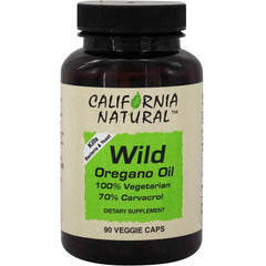 CNA007 | California Natural Wild Oregano Oil supplement bottle labeled 90 veggie caps and 70% carvacrol