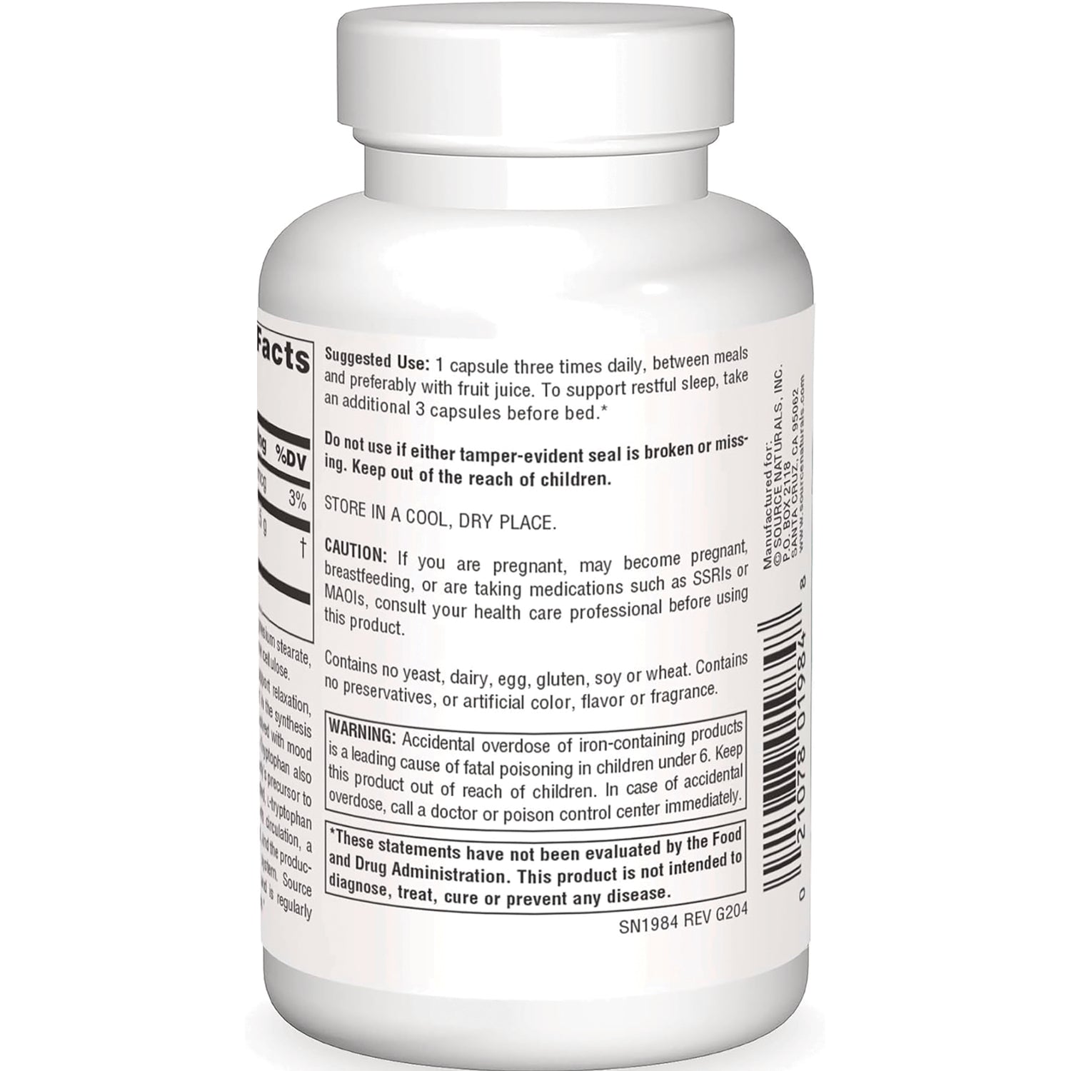 SN119 | Supplement bottle back label with directions, warnings, and barcode